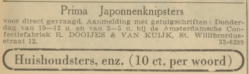 Advertentie waarin de firma Dooijens en Van Kuijk op zoek zijn naar Prima Japonnenknipsters, bron: De Courant, Het Nieuws van den Dag van 3 mei 1934  
