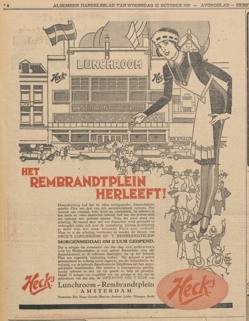 Advertentie m.b.t. de opening lunchroom Heck op het Rembrandtplein, bron: Alg. Handelsblad van 15 okt. 1930  