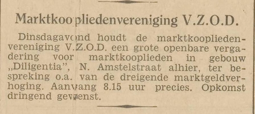 Klein bericht over de Marktkoopliedenvereniging V.Z.O.D., bron: Het Volk van 5 nov. 1934.    
