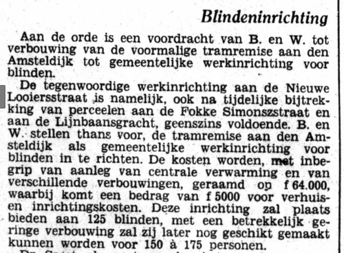 Fragment van een langer artikel over de nieuwe locatie van de Blindeninrichting a/d Amsteldijk, bron: Het Volk van 16 feb. 1933   
