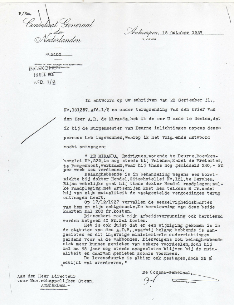 Brief van het Consulaat generaal te Antwerpen, Bron: dossier Maatschappelijke Steun H. Schnitseler  