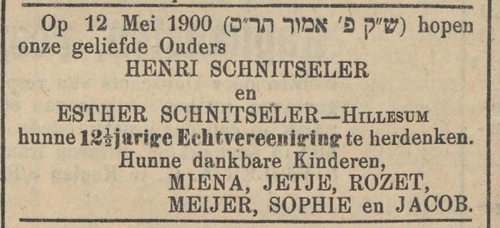 Viering van het 12 ½ jarig huwelijk van Henri Schnitseler en Esther Hillesum, bron: NIW van 4 mei 1900  