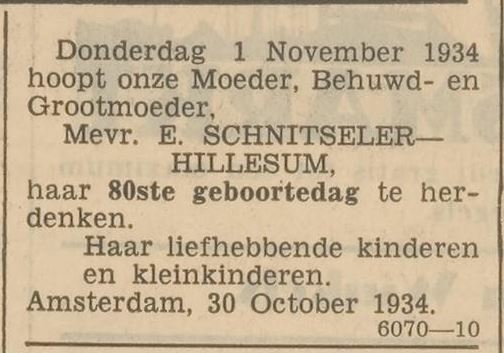 Bericht over de 80ste verjaardag van Esther Schnitseler – Hillesum, bron: Het Volk van 30 okt 1934.  