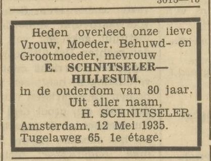 Het overlijden van Esther Schnitseler – Hillesum, bron: Het Volk van 13 mei 1935  