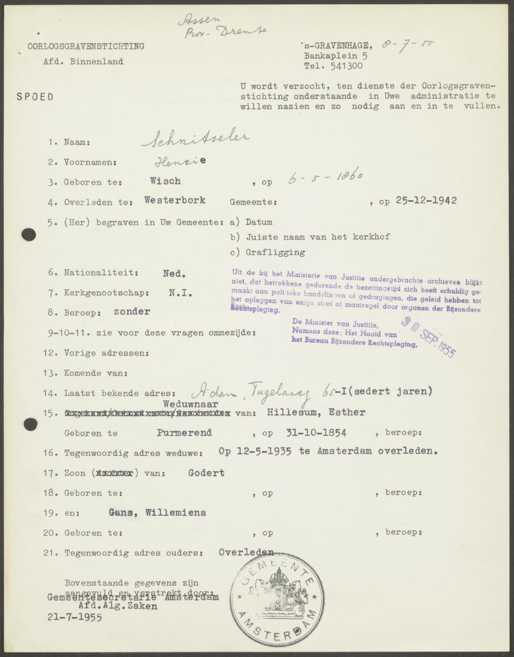 Document m.b.t. het overlijden Henrie Schnitseler, bron: Nationaal Archief,   2.19.255.01 Plaatsingslijst persoonsdossiers Oorlogsgravenstichting  