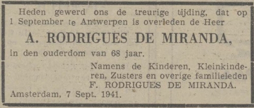 Bericht van overlijden van Abraham Rodrigues de Miranda, bron: Courant Het Nieuws van den Dag van  11 sept. 1941  