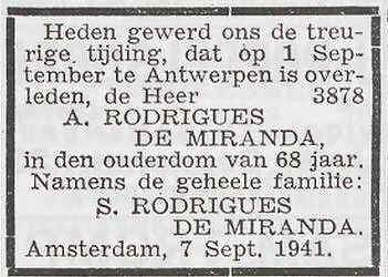 Bericht van overlijden van Abraham Rodrigues de Miranda, bron: Het joodsche weekblad: uitgave van den Joodschen Raad voor Amsterdam van 12-09-1941  