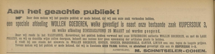 Advertentie voor de winkel van M. Schnitseler – Cohen, Kuipersdijk 1-3 te Enschede, bron: Twentsch dagblad Tubantia en Enschedesche courant van 24 maart 1924.  