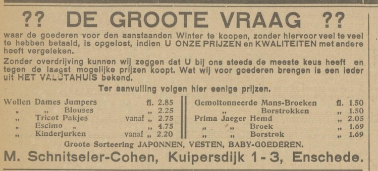 Advertentie voor de winkel van M. Schnitseler – Cohen, Kuipersdijk 1-3 te Enschede, bron: Twentsch dagblad Tubantia en Enschedesche courant van 28 aug. 1924  