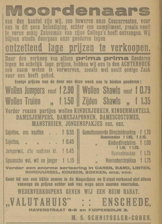 Advertentie van de winkel Schnitseler – Cohen, bron: Twentsch dagblad Tubantia en Enschedesche courant van 12 okt. 1923.  