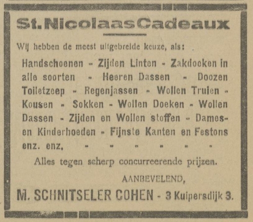 Advertentie van de winkel Schnitseler – Cohen, bron: Twentsch dagblad Tubantia en Enschedesche courant van 4 dec. 1919  