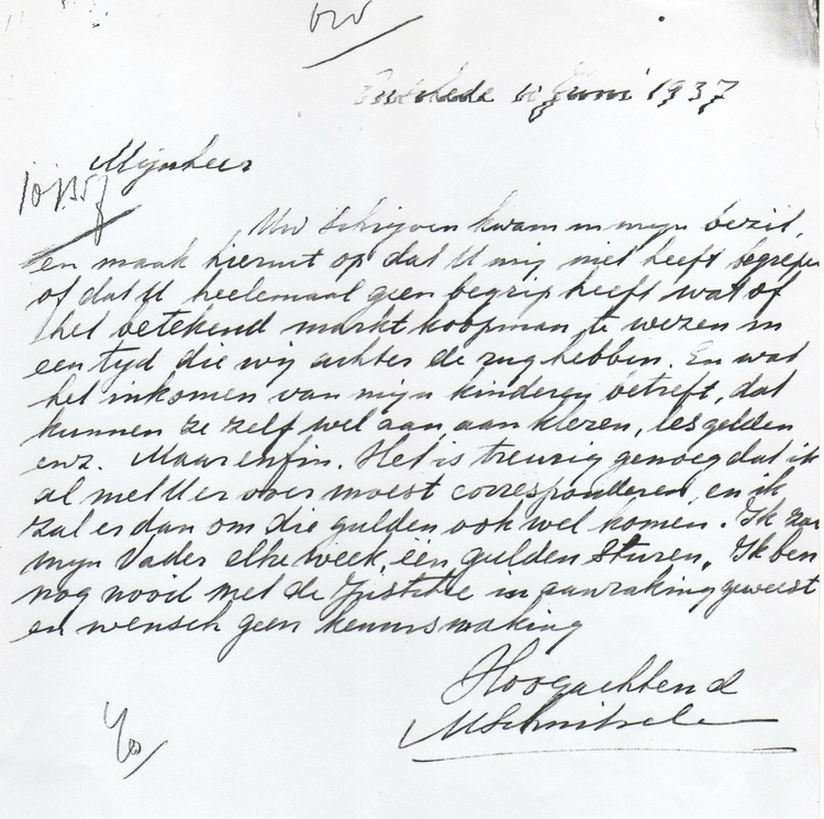 Brief van Samuel Schnitseler van .. juni 1937 aan Het Bureau, bron: dossier Maatschappelijke Steun H. Schnitseler  