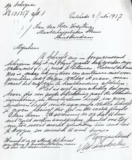 Brief van Samuel Schnitseler van 3 juli 1937 aan Het Bureau, bron: dossier Maatschappelijke Steun H. Schnitseler  