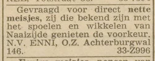 Advertentie met adres van de firma Enni op de O.Z. Achterburgwal, bron: Courant  Nieuws van den Dag van 3 okt. 1939  