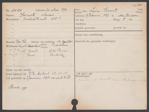 Leerlingenkaart ANDB van Mozes Swart als diamantbewerker, bron: ANDB archief, IISG  
