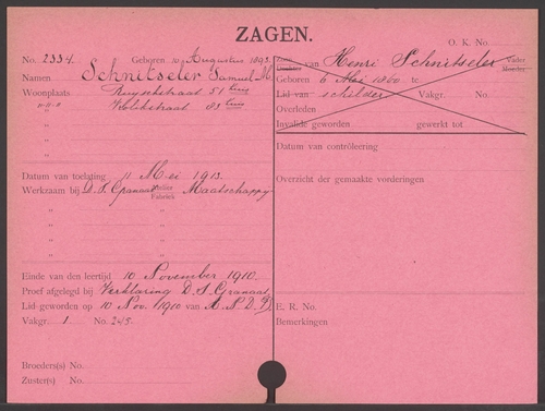 Leerlingenkaart ANDB van Samuel Schnitseler als diamantbewerker, bron: ANDB archief, IISG  