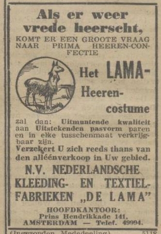 Advertentie  voor de N.V. Nederlandsche Kleding- en Textielfabrieken De Lama', bron: De courant Het Nieuws van den Dag van 6 januari 1943.  