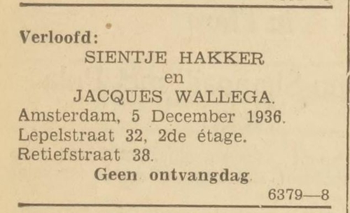 Verloving van Jacques (lees: Izaäk) Wallega en Sientje Hakker, bron: Het Volk van 4 december 1936  