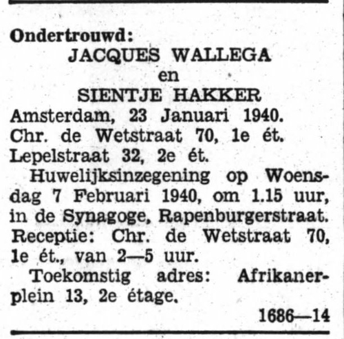 Ondertrouw van Jacques (lees: Izaäk) Wallega en Sientje Hakker, bron: Het Volk, dagblad van de arbeiderspartij van 23 januari 1940  