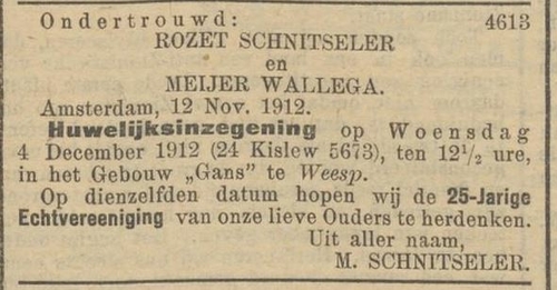 Ondertrouw van dochter Rozet(te) met Meijer Wallega, bron: het NIW van 15 nov. 1912.  