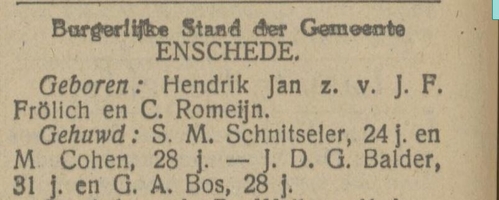 Huwelijk van J.M. Schnitseler en Marianne Cohen, bron: Twenstsch Dagblad Tubantia van 16 – 08 – 1917   