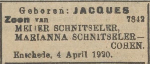 Geboortebericht van zoon Jacques, bron: het NIW van 8 april 1920  