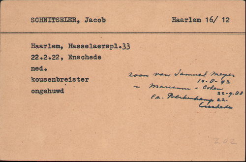 Kaart Joodse Raad van Jacob Schnitseler (voor), bron: Arolsen Archives  
