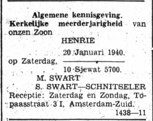 Melding dat Henrie Swart ‘kerkelijk meerderjarig’ is, bron: Het Volk van 16 jan. 1940  