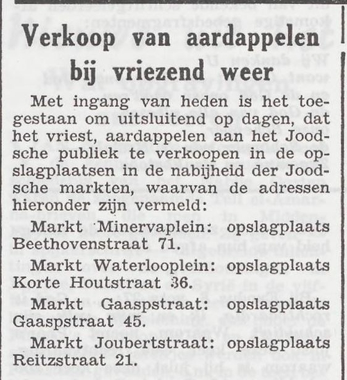 Bericht over de verkoop van aardappelen in de vrieskou, bron: Het joodsche weekblad =: uitgave van den Joodschen Raad voor Amsterdam van 08-01-1943  