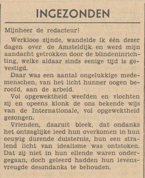 Fragment uit een ingezonden brief van H.r. (werkloze koperslager)over de werkplaats aan de Amsteldijk, bron: De Metaalbewerker; orgaan van de Metaalbewerkersbond in Nederland, jrg 41, 1934, no. 39, 29-09-1934  