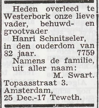 Henrie Schnitseler overlijdt in Kamp Westerbork op 25 december 1942, bron: Het Joodsche Weekblad van 1 jan. 1943  