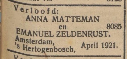 Advertentie over de verloving van Emanuël en Annetje, bron: het NIW van 28 april 1921  