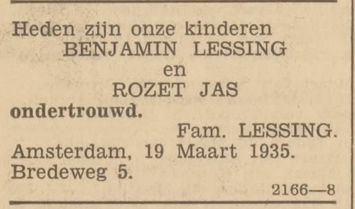 Bericht van de ondertrouw van Benjamin Lessing en Rozet Jas op 19 maart 1935, bron: Het Volk van 19 maart 1935  