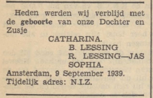 Geboorte van dochter Catharina Lessing op 9 september 1939, bron: Utrechts Volksblad etc. van 11 sep. 1939.  