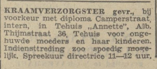 Advertentie voor Tehuis Annette, bron: Alg. Handelsblad van 10 april 1941  