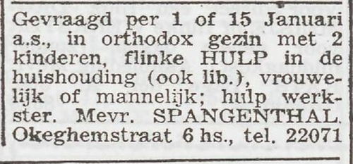Advertentie van mevrouw Spangenthal, bron: Het Joodsche Weekblad van 19 dec. 1941  