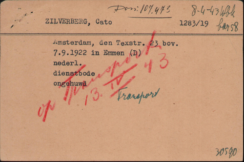 Kaart Joodse Raad van Cato Zilverberg, bron: Arolsen Archives  