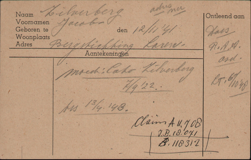 Document met betrekking tot Jacob Zilverberg over diens adres na de oorlog, bron: Arolsen Archives.  