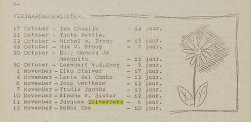 Lijstje van verjaardagen met die van Jacques / Jacob?, bron: De Judeër, Veertiendaagse uitgave van Bergstichting Laren van jrg 2, 1947, no. 16, 15-10-1947  