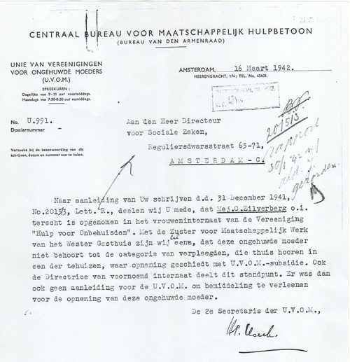 Brief van de 2e secr. Der U.V.O.M., bron: dossier Maatschappelijke Steun van Cato Zilverberg  