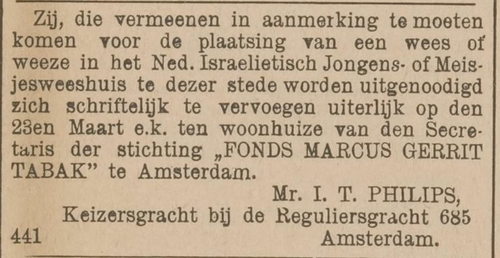 Oproep namens het Fonds Marcus Gerrit Tabak, bron: het Centraal Blad voor Isr. in Ned. van 18 maart 1898  