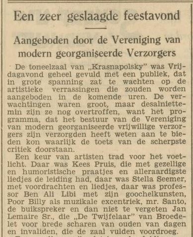Fragment uit kort artikel over een feestavond van de Vereniging van Modern Georganiseerd Vrijwillige Verzorgers, bron: Het Volk van 18 mei 1935  