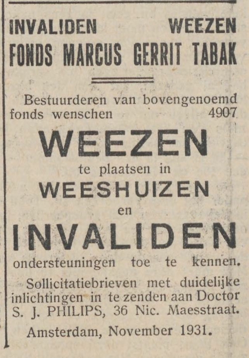 Advertentie voor of van het Fonds Marcus Gerrit Tabak, bron: het NIW van 27 nov. 1931  