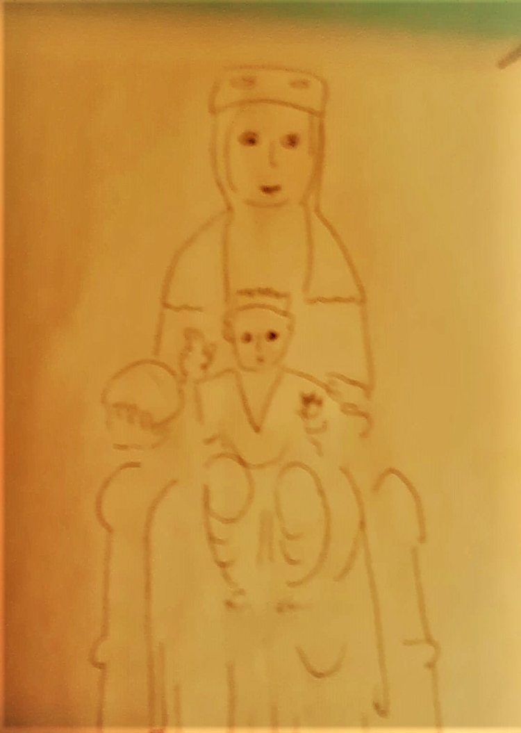 tekening van Moeder met Kind, aanvulling op beschadigd beeldje  