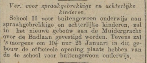 Over de School voor Buitengewoon Onderwijs, school II, aan de Muidergracht, bron: Algemeen Handelsblad van 10 jan. 1912  