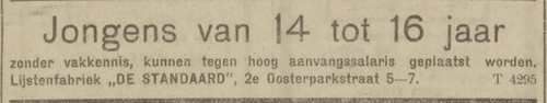 Adv. van Lijstenfabriek De Standaard, adres: Tweede Oosterparkstraat 5 – 7, bron: de Courant van 16 maart 1920  