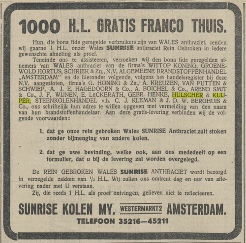 Advertentie van en voor meerdere brandstoffenhandelaren (antraciet), bron: De Tijd van 23 januari 1924   