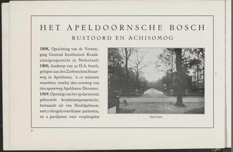 Blz. 4 uit Het Apeldoornsche Bosch, rustoord en achisomog, uitgave 1926. Bron: Delpher boeken – basis.  