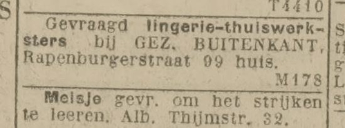 Adv. van het gezin Buitenkant voor thuiswerkster, bron: De Courant het Nieuws van den Dag van 19 januari 1926.  