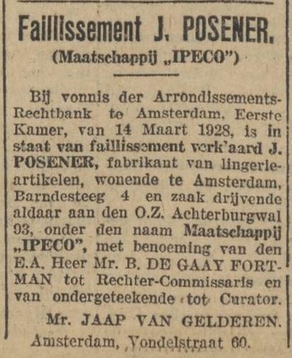Bericht over het faillissement van Posener, bron: Alg. Handelsblad van 16 maart 1928.   